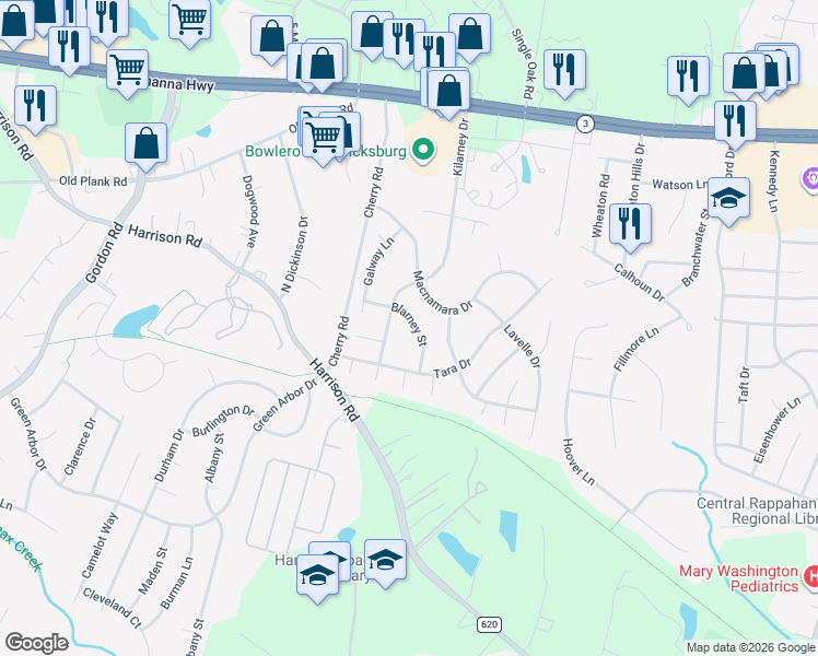 map of restaurants, bars, coffee shops, grocery stores, and more near 5087 Blarney Street in Fredericksburg