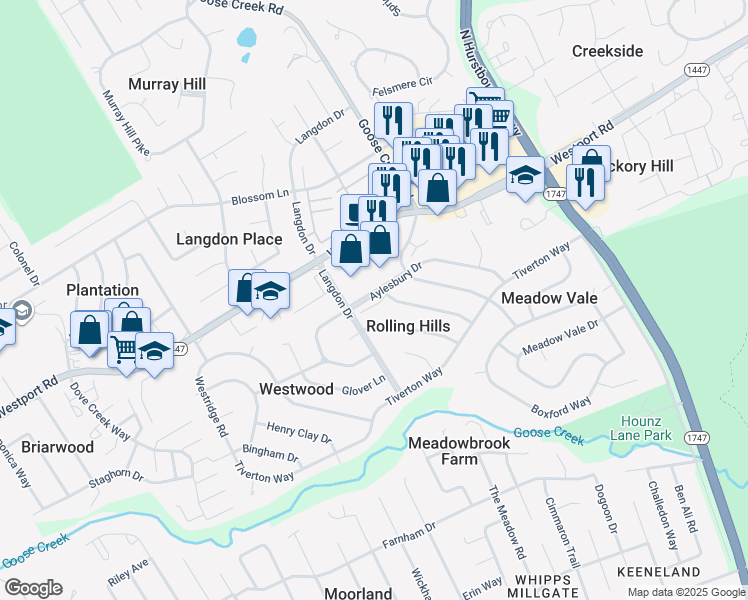map of restaurants, bars, coffee shops, grocery stores, and more near 9306 Aylesbury Drive in Louisville