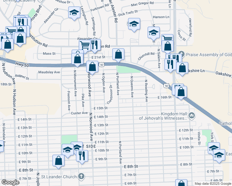 map of restaurants, bars, coffee shops, grocery stores, and more near 1615 North Portland Avenue in Pueblo