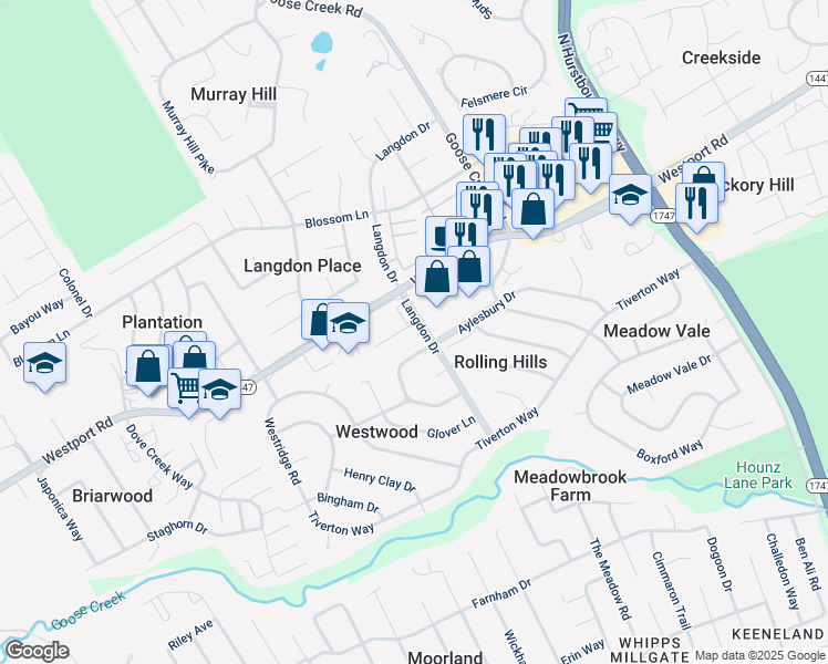 map of restaurants, bars, coffee shops, grocery stores, and more near 2504 Langdon Drive in Louisville