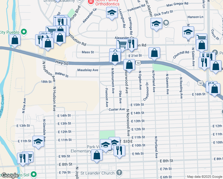 map of restaurants, bars, coffee shops, grocery stores, and more near 1641 North Monument Avenue in Pueblo