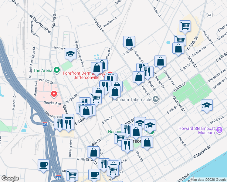 map of restaurants, bars, coffee shops, grocery stores, and more near 575 East 10th Street in Jeffersonville