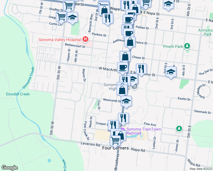 map of restaurants, bars, coffee shops, grocery stores, and more near 189 Malet Street in Sonoma