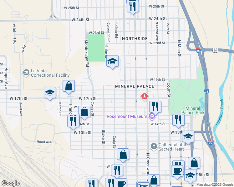 map of restaurants, bars, coffee shops, grocery stores, and more near 1712 Craig Street in Pueblo