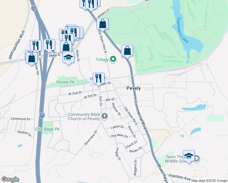 map of restaurants, bars, coffee shops, grocery stores, and more near 304 Old State Road South in Pevely