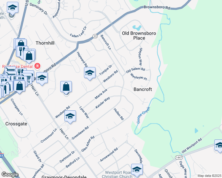 map of restaurants, bars, coffee shops, grocery stores, and more near 7414 Maria Avenue in Louisville