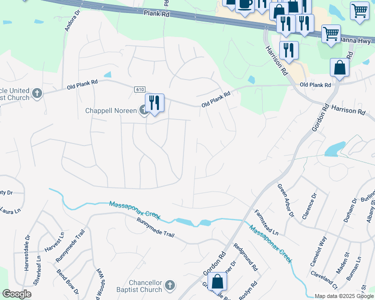 map of restaurants, bars, coffee shops, grocery stores, and more near 11917 Woodland View Drive in Fredericksburg