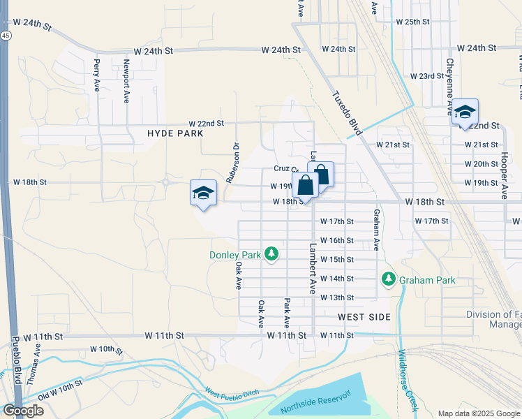 map of restaurants, bars, coffee shops, grocery stores, and more near 1750 Oak Ave in Pueblo