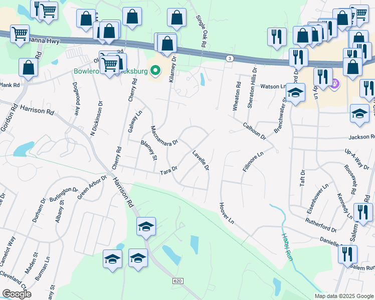 map of restaurants, bars, coffee shops, grocery stores, and more near 8 Lavelle Drive in Fredericksburg