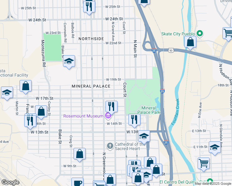 map of restaurants, bars, coffee shops, grocery stores, and more near 1720 North Grand Avenue in Pueblo
