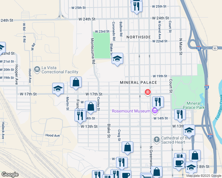 map of restaurants, bars, coffee shops, grocery stores, and more near 1712 Blake Street in Pueblo