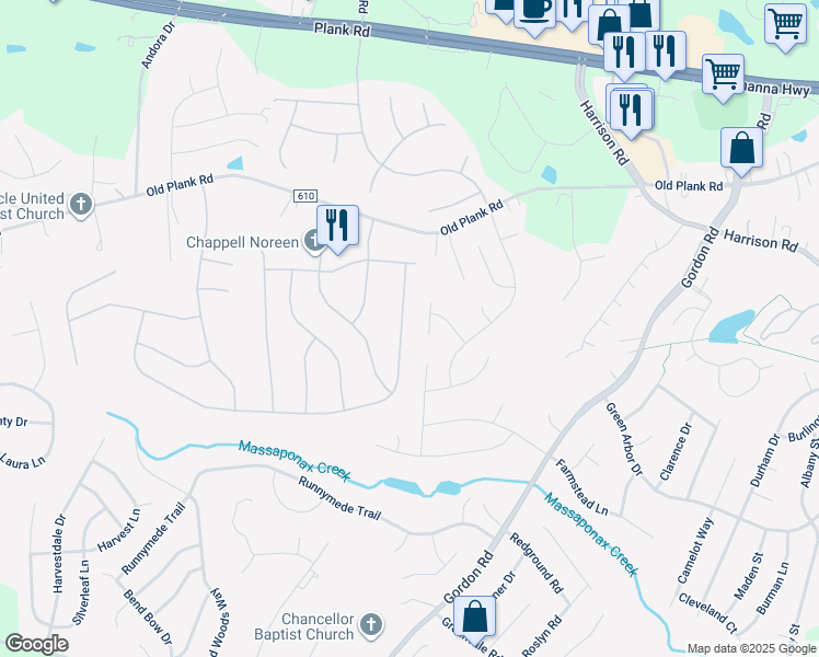 map of restaurants, bars, coffee shops, grocery stores, and more near 11917 Woodland View Drive in Fredericksburg