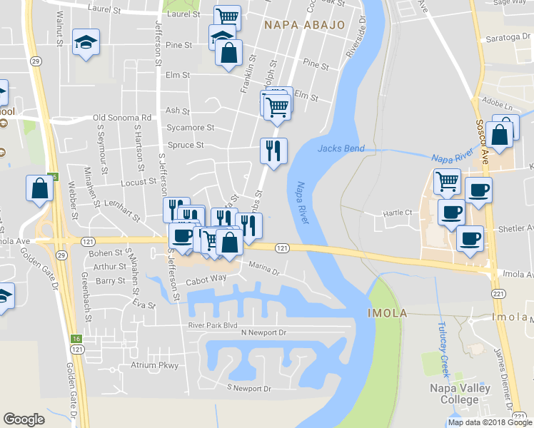 map of restaurants, bars, coffee shops, grocery stores, and more near 200 South Coombs Street in Napa