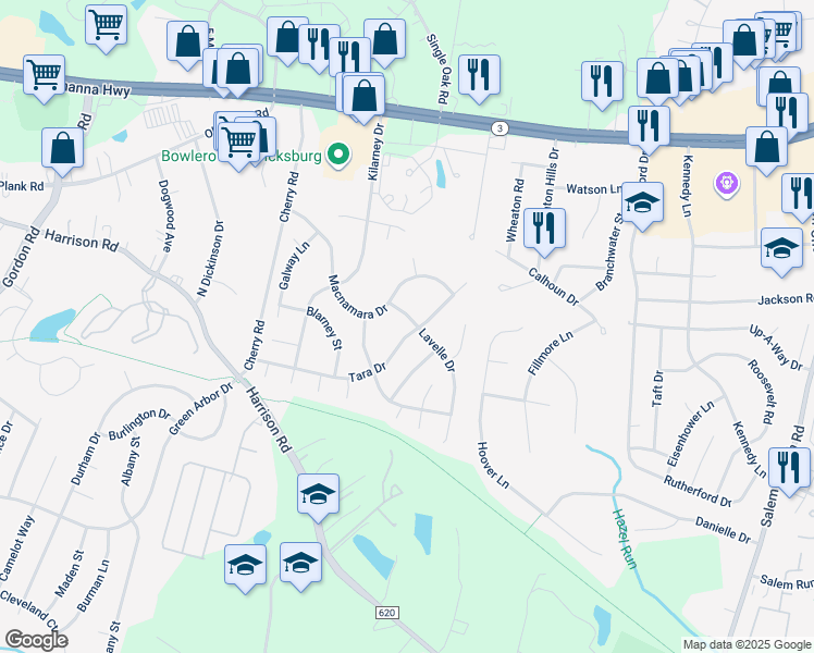 map of restaurants, bars, coffee shops, grocery stores, and more near 8 Lavelle Drive in Fredericksburg