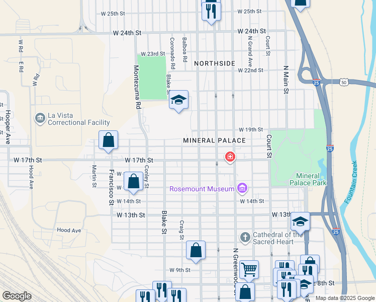 map of restaurants, bars, coffee shops, grocery stores, and more near 1712 Craig Street in Pueblo