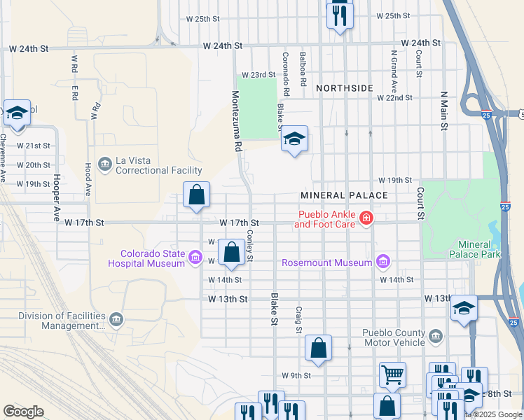 map of restaurants, bars, coffee shops, grocery stores, and more near 929 West 17th Street in Pueblo
