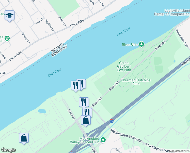 map of restaurants, bars, coffee shops, grocery stores, and more near 2805 Waldoah Beach Road in Louisville