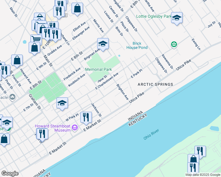 map of restaurants, bars, coffee shops, grocery stores, and more near 306 East Park Place in Jeffersonville