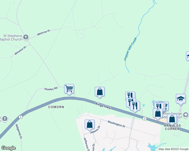 map of restaurants, bars, coffee shops, grocery stores, and more near 7336 Columbia Drive in King George
