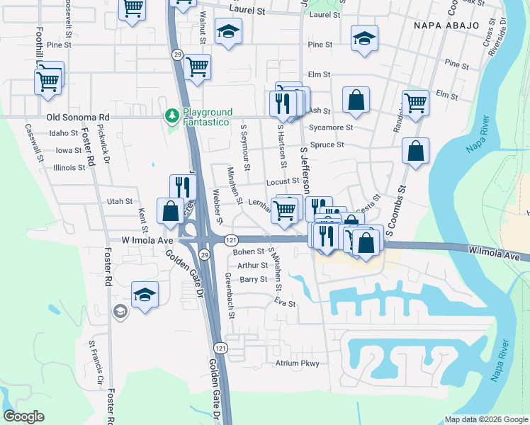 map of restaurants, bars, coffee shops, grocery stores, and more near 1983 Lernhart Street in Napa