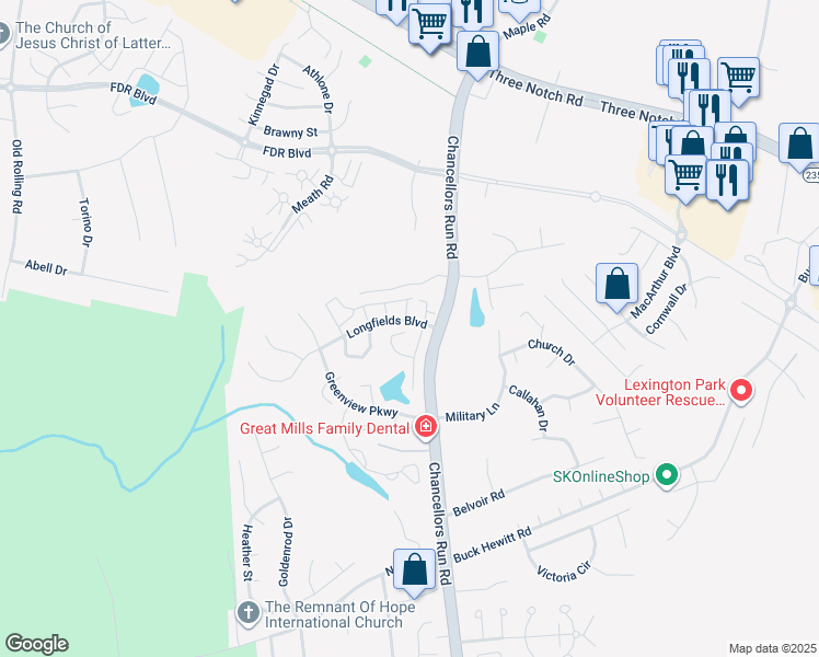 map of restaurants, bars, coffee shops, grocery stores, and more near 22415 Doug Way in Great Mills