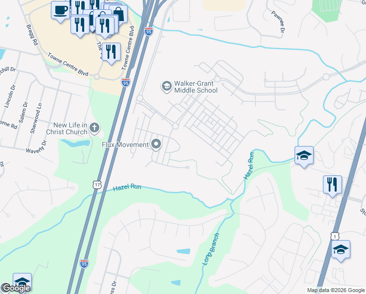 map of restaurants, bars, coffee shops, grocery stores, and more near 1313 Yates Circle in Fredericksburg