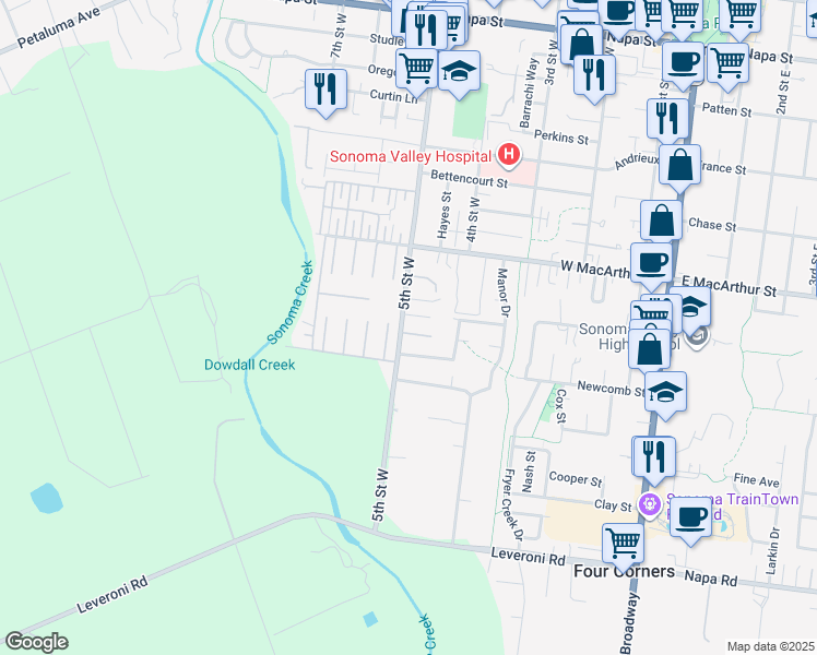 map of restaurants, bars, coffee shops, grocery stores, and more near 485 Emilys Meadow Court in Sonoma