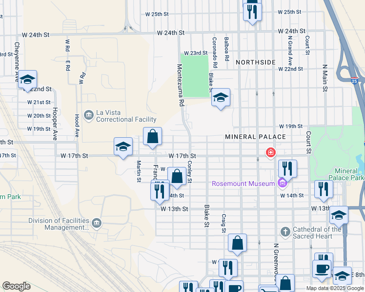 map of restaurants, bars, coffee shops, grocery stores, and more near 1008 West 18th Street in Pueblo