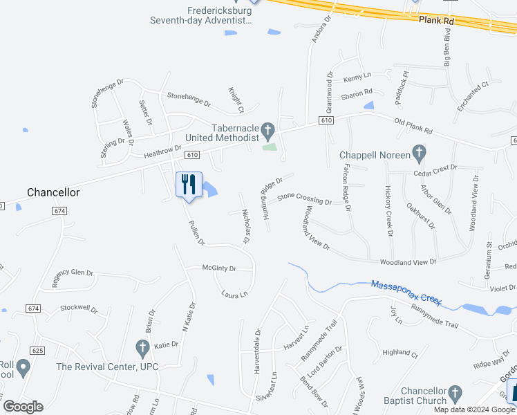 map of restaurants, bars, coffee shops, grocery stores, and more near 11814 Hunting Ridge Drive in Fredericksburg