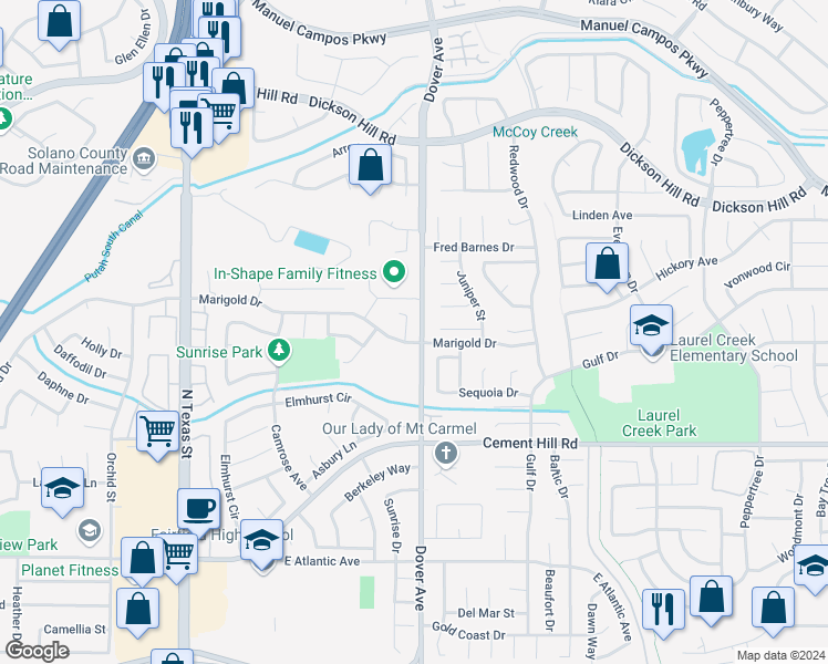 map of restaurants, bars, coffee shops, grocery stores, and more near 3008 Marbury Court in Fairfield