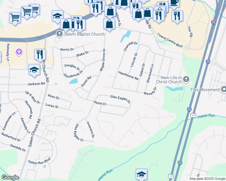 map of restaurants, bars, coffee shops, grocery stores, and more near 3512 Waverly Drive in Fredericksburg