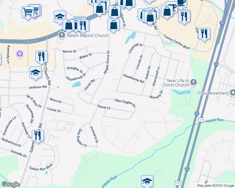 map of restaurants, bars, coffee shops, grocery stores, and more near 3512 Waverly Drive in Fredericksburg