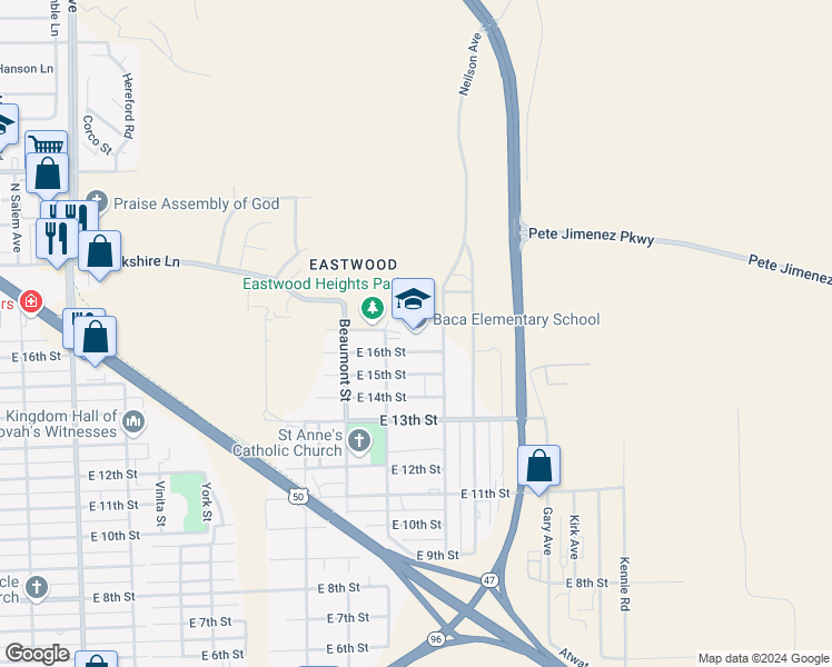 map of restaurants, bars, coffee shops, grocery stores, and more near 2800 East 17th Street in Pueblo