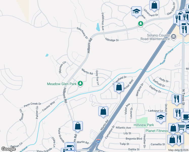 map of restaurants, bars, coffee shops, grocery stores, and more near 2260 Silver Fox Circle in Fairfield