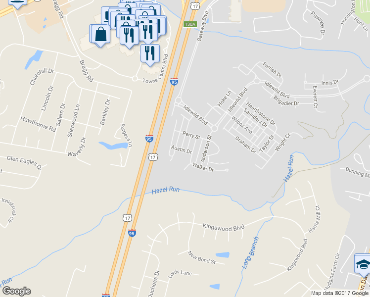 map of restaurants, bars, coffee shops, grocery stores, and more near 1127 Hampton Street in Fredericksburg