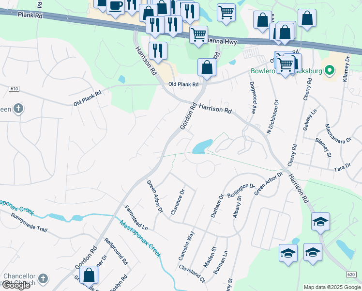 map of restaurants, bars, coffee shops, grocery stores, and more near 6614 Twin Cedars Court in Fredericksburg