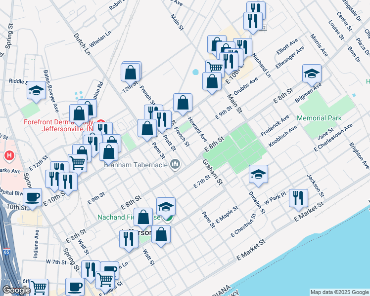 map of restaurants, bars, coffee shops, grocery stores, and more near 814 Pratt Street in Jeffersonville
