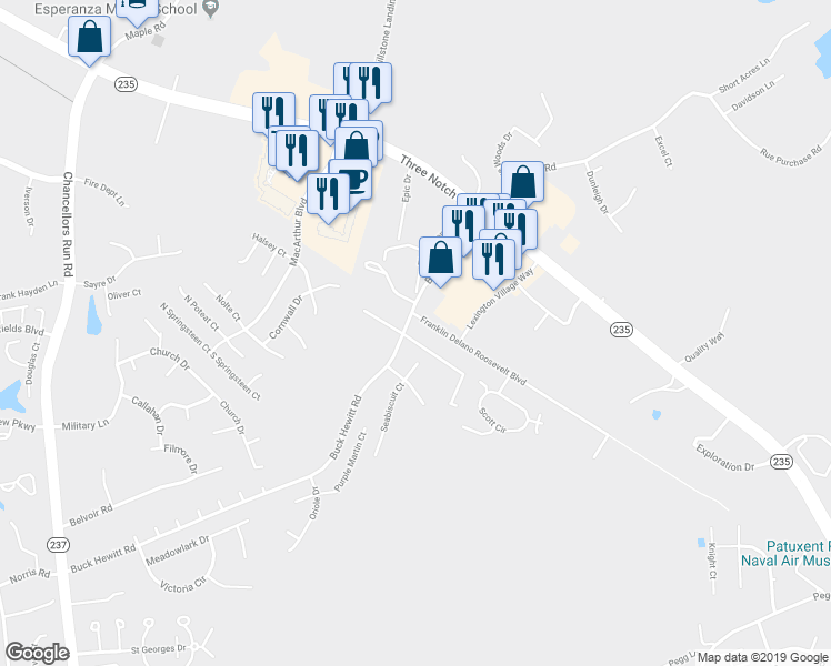 map of restaurants, bars, coffee shops, grocery stores, and more near 46116 Thoroughbred Way in Lexington Park