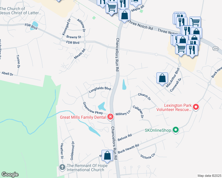 map of restaurants, bars, coffee shops, grocery stores, and more near 22503 East Maxine Way in Great Mills
