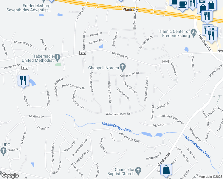 map of restaurants, bars, coffee shops, grocery stores, and more near 11903 Hickory Creek Drive in Fredericksburg