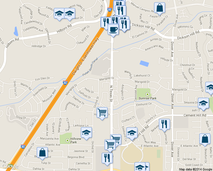 map of restaurants, bars, coffee shops, grocery stores, and more near 2999 North Texas Street in Fairfield
