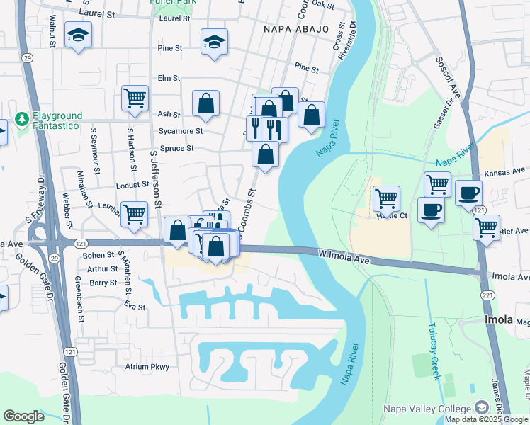 map of restaurants, bars, coffee shops, grocery stores, and more near 200 South Coombs Street in Napa