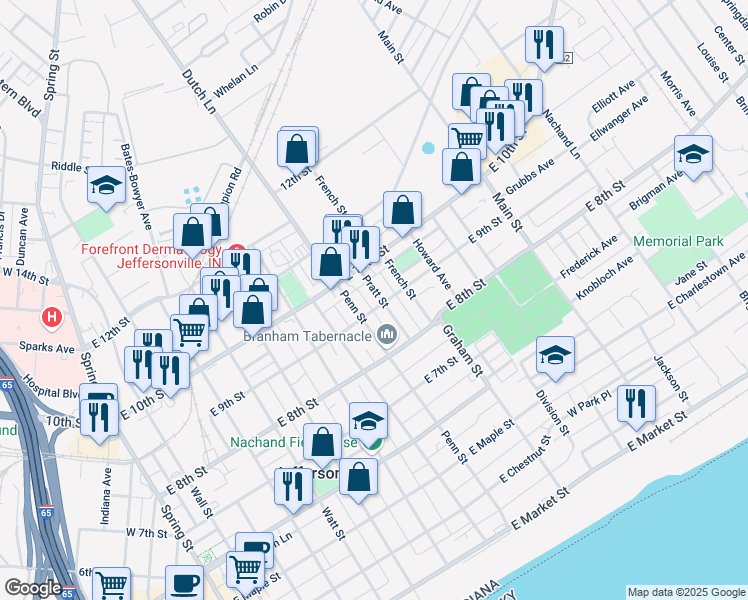 map of restaurants, bars, coffee shops, grocery stores, and more near 902 Penn Street in Jeffersonville