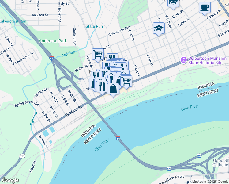 map of restaurants, bars, coffee shops, grocery stores, and more near in New Albany