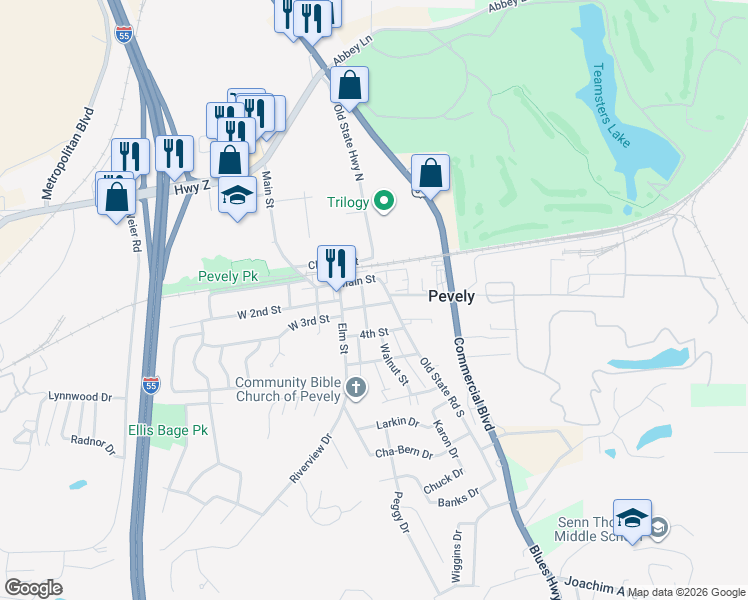 map of restaurants, bars, coffee shops, grocery stores, and more near 200 East 3rd Street in Pevely