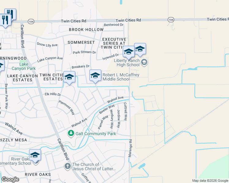 map of restaurants, bars, coffee shops, grocery stores, and more near 970 Neville Way in Galt