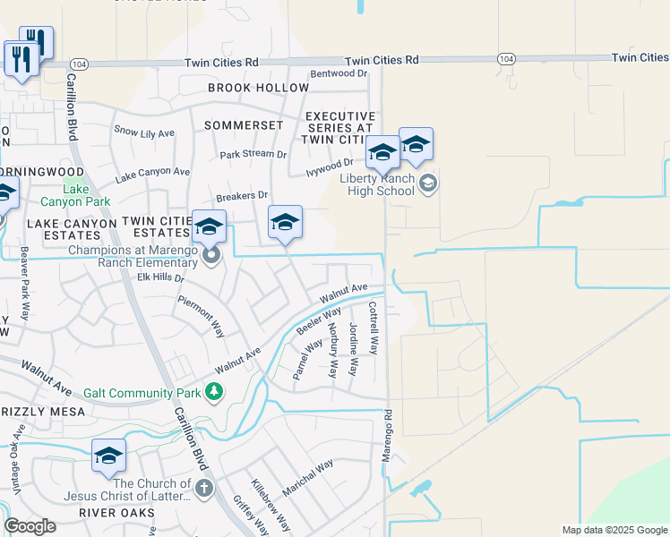 map of restaurants, bars, coffee shops, grocery stores, and more near 964 Steele Way in Galt