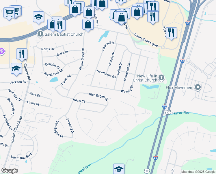 map of restaurants, bars, coffee shops, grocery stores, and more near 3409 Waverly Drive in Fredericksburg