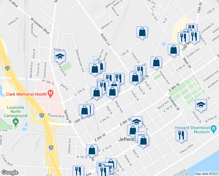map of restaurants, bars, coffee shops, grocery stores, and more near 500 Quartermaster Court in Jeffersonville