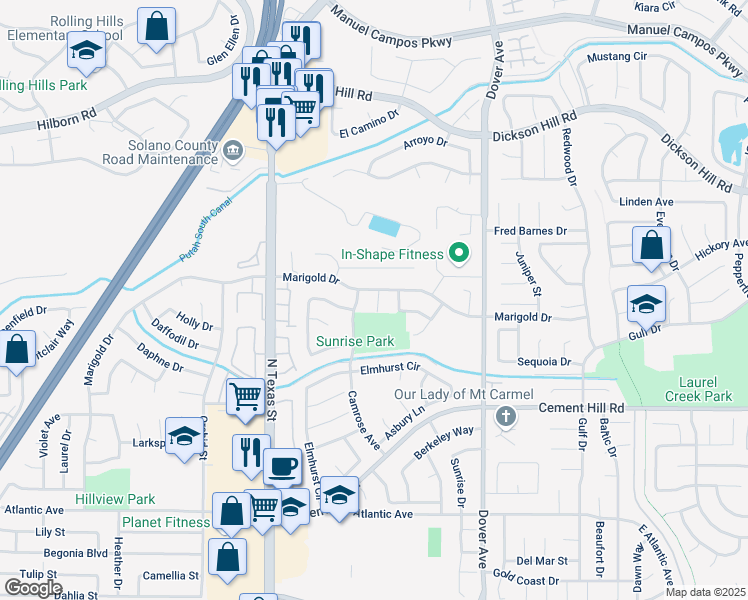 map of restaurants, bars, coffee shops, grocery stores, and more near 2989 Blackwell Court in Fairfield